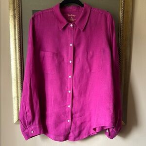 Lilly Pulitzer Sea View Linen Fuchsia Button Down Shirt Pockets XL